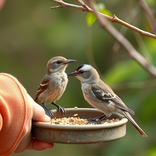 Careful feeding of baby bird outdoors