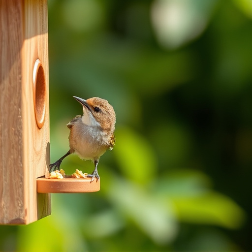 Careful feeding of baby bird outdoors