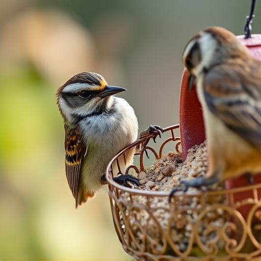 Careful feeding of baby bird outdoors
