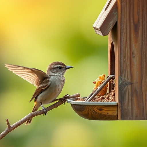 Careful feeding of baby bird outdoors