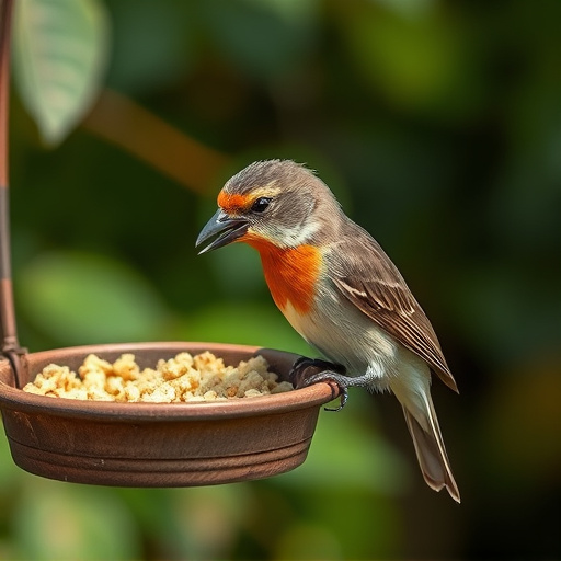 Careful feeding of baby bird outdoors