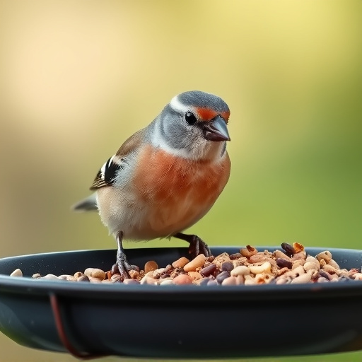 Chaffinch pecking at seed tray