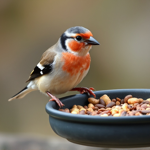 Chaffinch pecking at seed tray