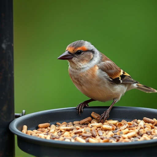 Chaffinch pecking at seed tray