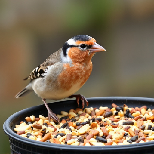 Chaffinch pecking at seed tray