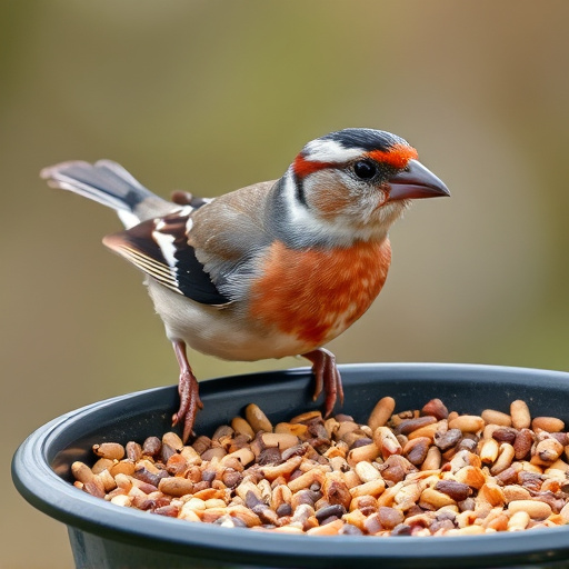Chaffinch pecking at seed tray