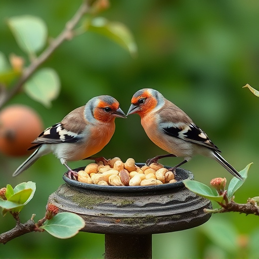 Chaffinches eating peanuts in garden