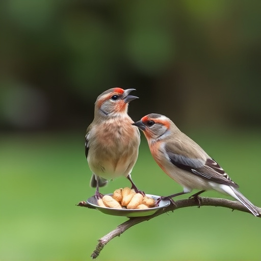 Chaffinches eating peanuts in garden
