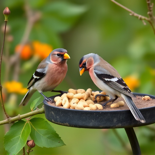 Chaffinches eating peanuts in garden