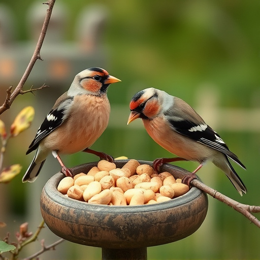 Chaffinches eating peanuts in garden