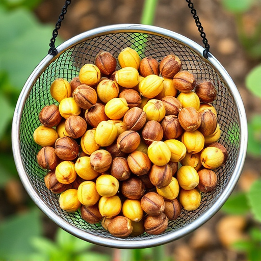Clean sunflower hearts in metal mesh feeder