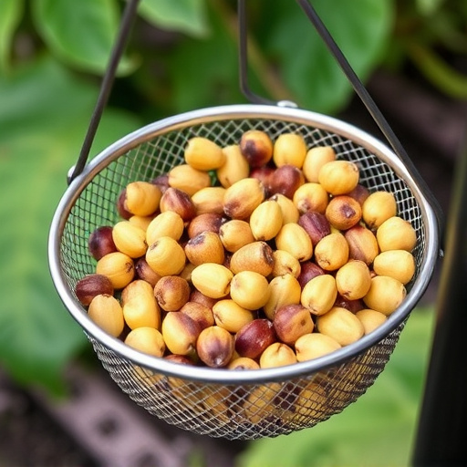 Clean sunflower hearts in metal mesh feeder