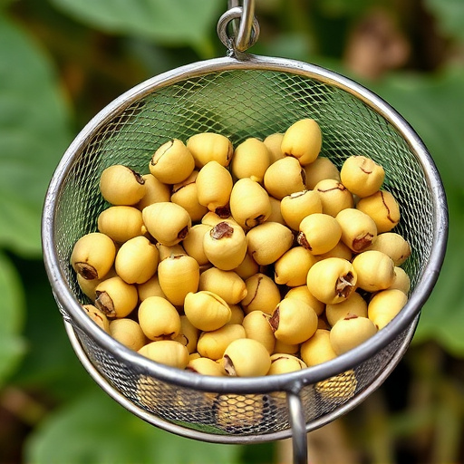 Clean sunflower hearts in metal mesh feeder