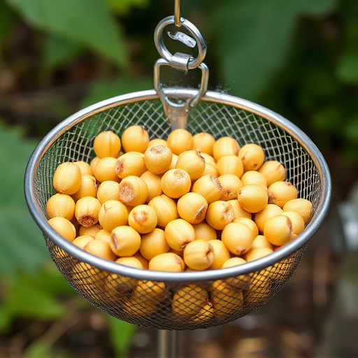 Clean sunflower hearts in metal mesh feeder