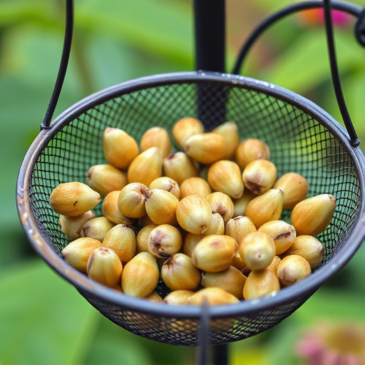 Clean sunflower hearts in metal mesh feeder