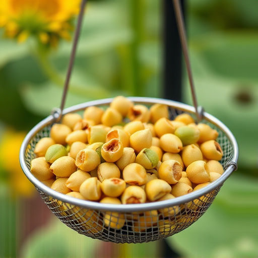 Clean sunflower hearts in metal mesh feeder