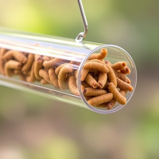 Clear tube feeder filled with dried mealworms