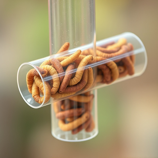 Clear tube feeder filled with dried mealworms