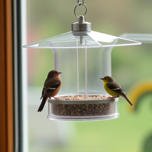 Clear window-mounted bird feeder with birds
