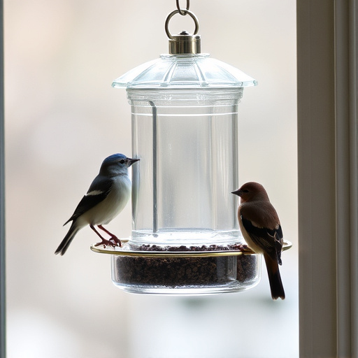Clear window-mounted bird feeder with birds