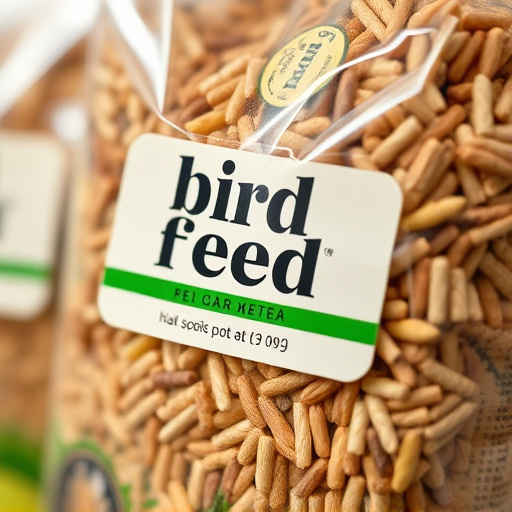 Close-up of labelled bird feed packaging