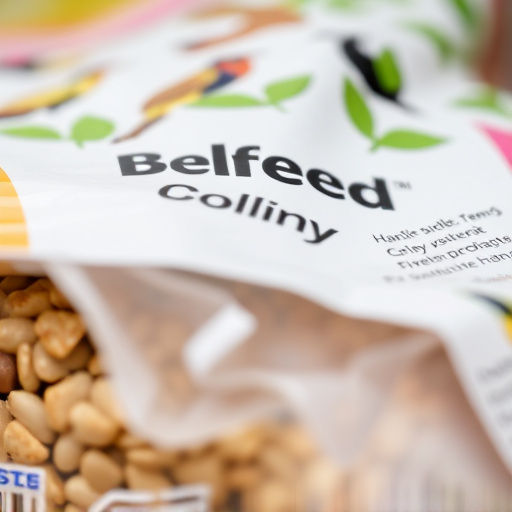 Close-up of labelled bird feed packaging