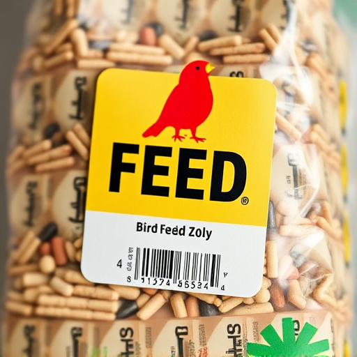 Close-up of labelled bird feed packaging