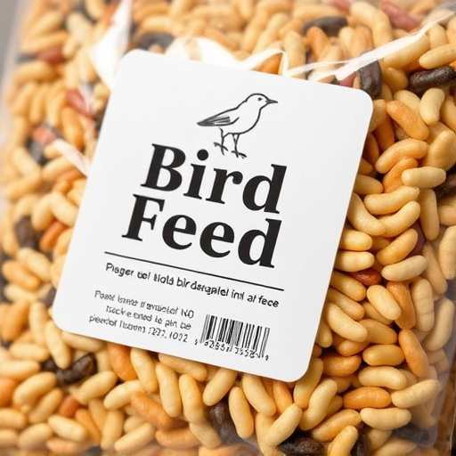 Close-up of labelled bird feed packaging