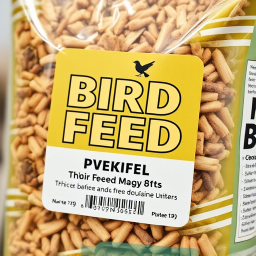 Close-up of labelled bird feed packaging