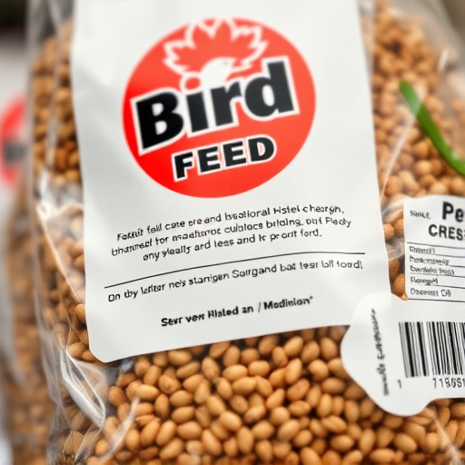 Close-up of labelled bird feed packaging