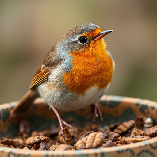 Close-up of robin near mealworm tray