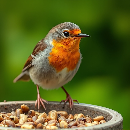 Close-up of robin near mealworm tray