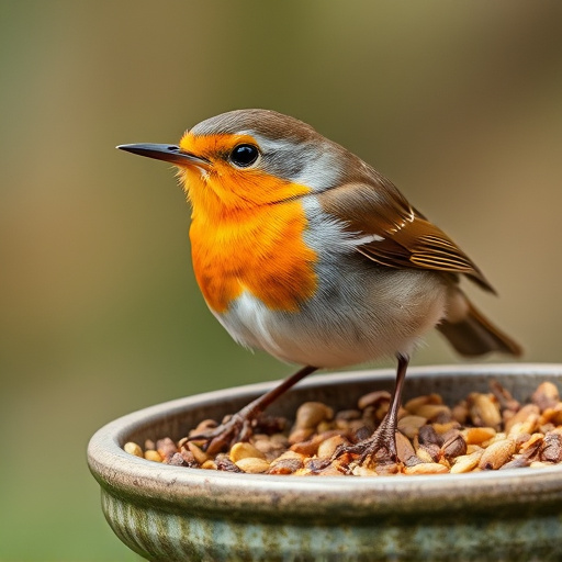 Close-up of robin near mealworm tray