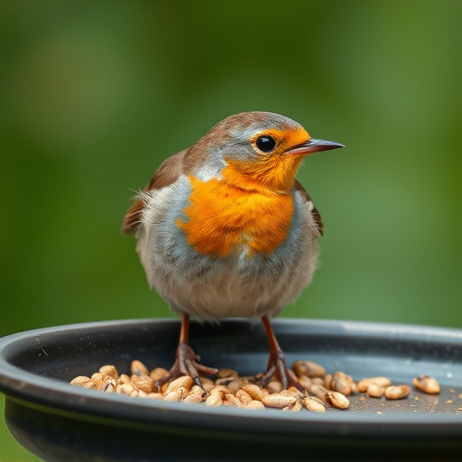 Close-up of robin near mealworm tray