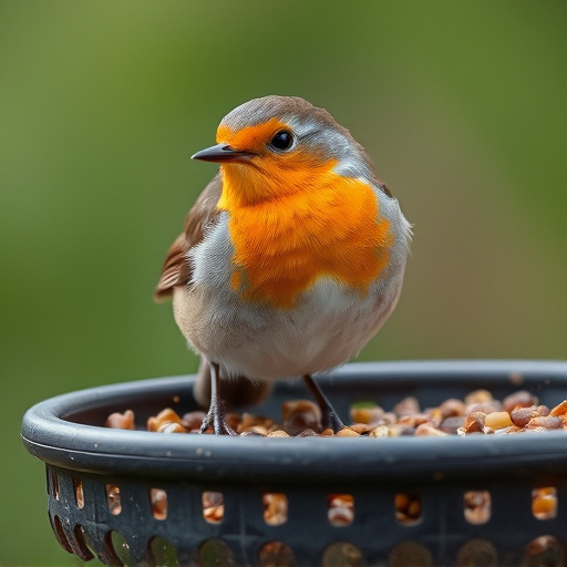 Close-up of robin near mealworm tray