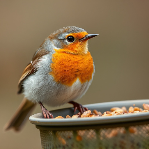 Close-up of robin near mealworm tray
