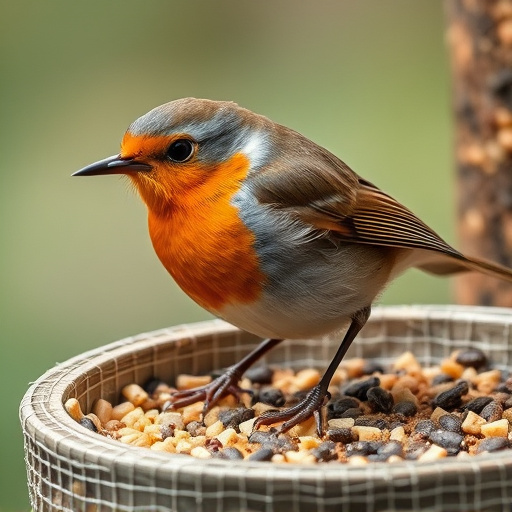 Close-up of robin near mealworm tray