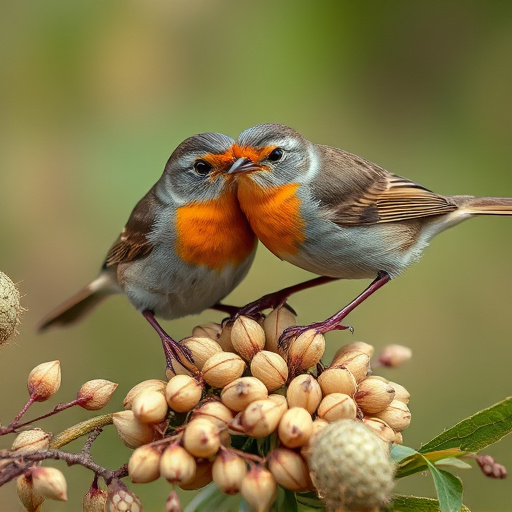 Close-up of seeds attracting small robins