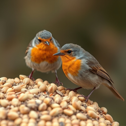 Close-up of seeds attracting small robins