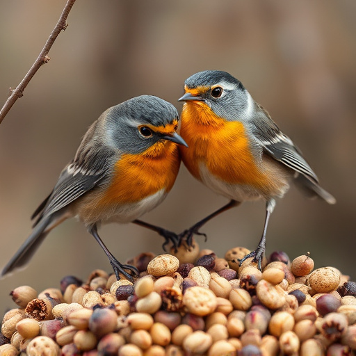 Close-up of seeds attracting small robins