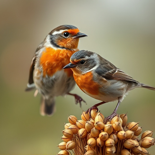 Close-up of seeds attracting small robins