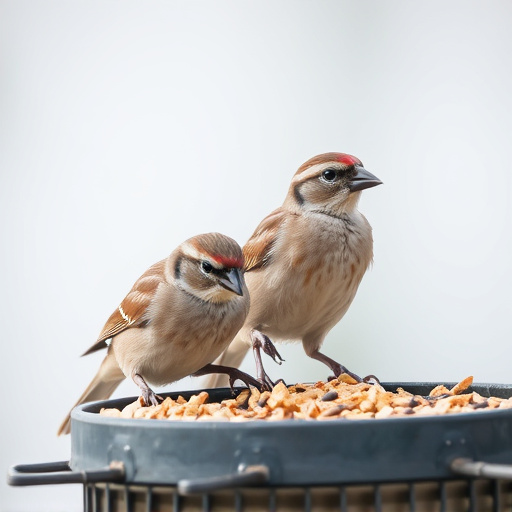 Close-up of sparrows at ground feeder