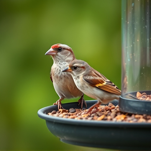 Close-up of sparrows at ground feeder