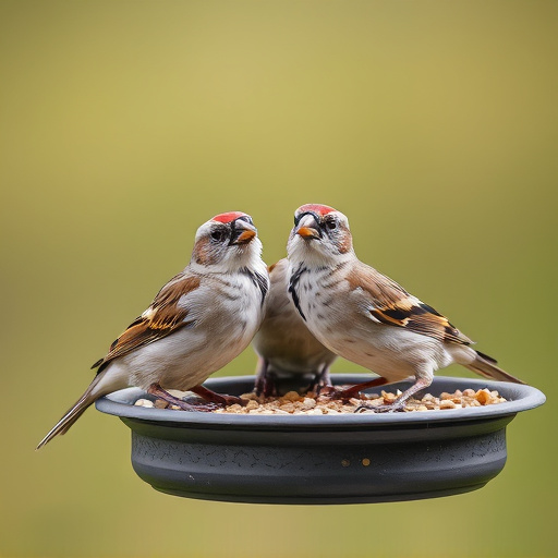 Close-up of sparrows at ground feeder