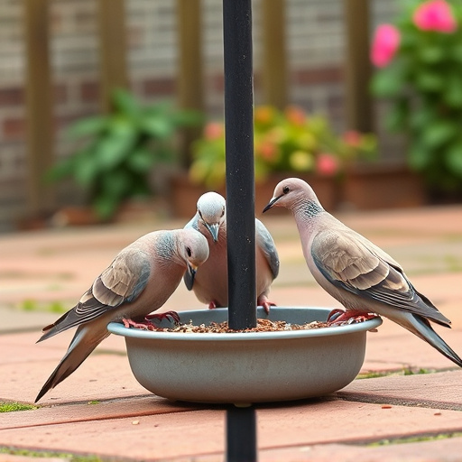 Collared doves eating from patio ground feeder