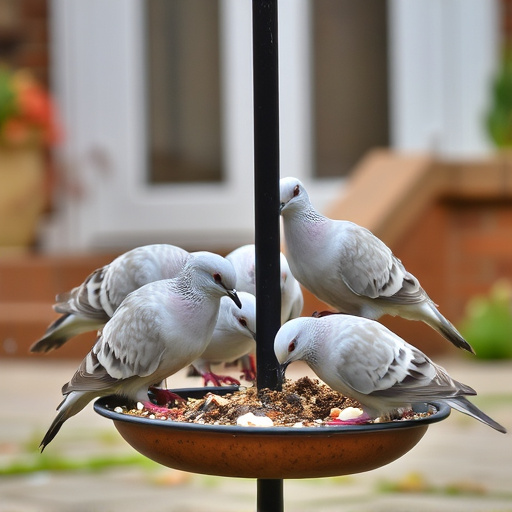 Collared doves eating from patio ground feeder