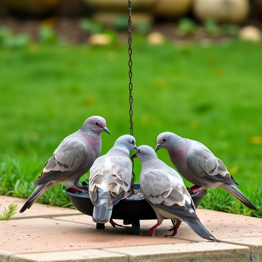 Collared doves eating from patio ground feeder