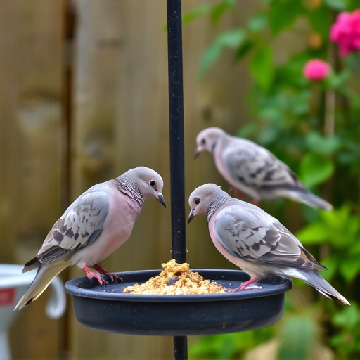 Collared doves eating from patio ground feeder