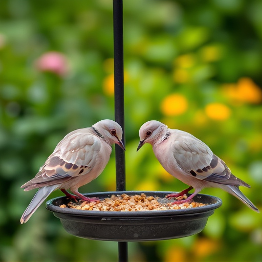 Collared doves eating from patio ground feeder