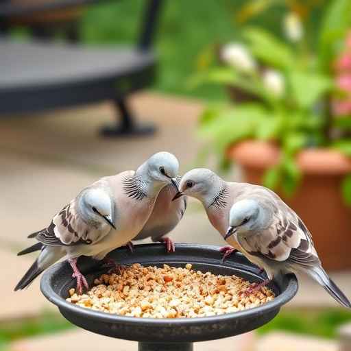 Collared doves eating from patio ground feeder